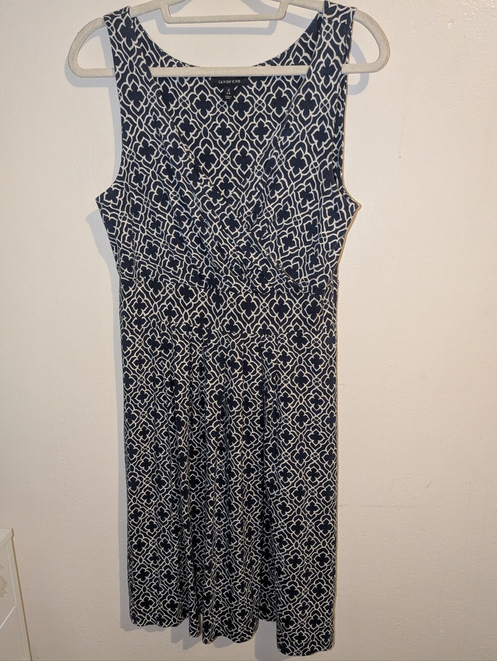 Lands' End Navy and White Sleeveless Midi Dress with Geometric Print Size S